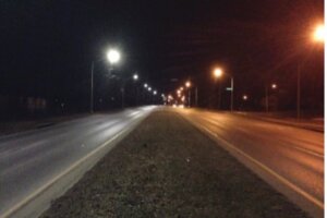Nighttime shot of lit-up highway